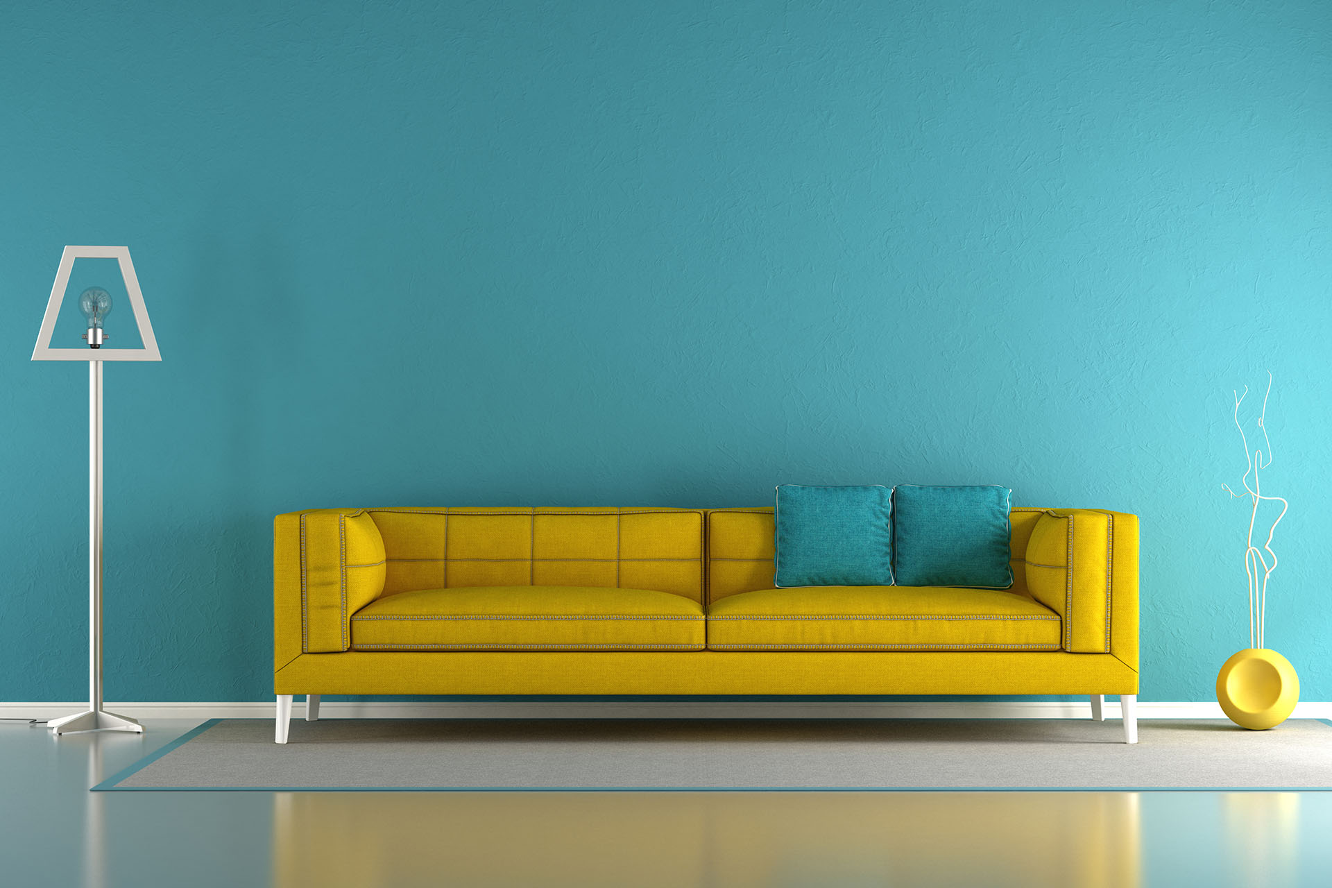 Blue,And,Yellow,Minimalist,Living,Room,With,Fabric,Sofa,And