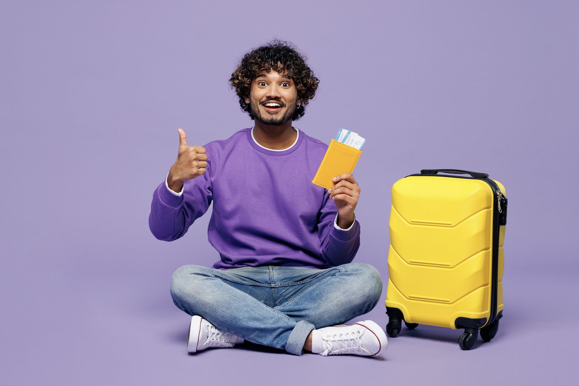 Traveler,Happy,Indian,Man,Wear,Casual,Clothes,Sit,Hold,Bag